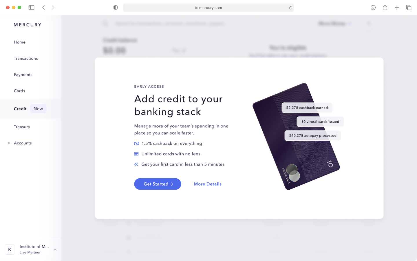 IO credit card in-product marketing card