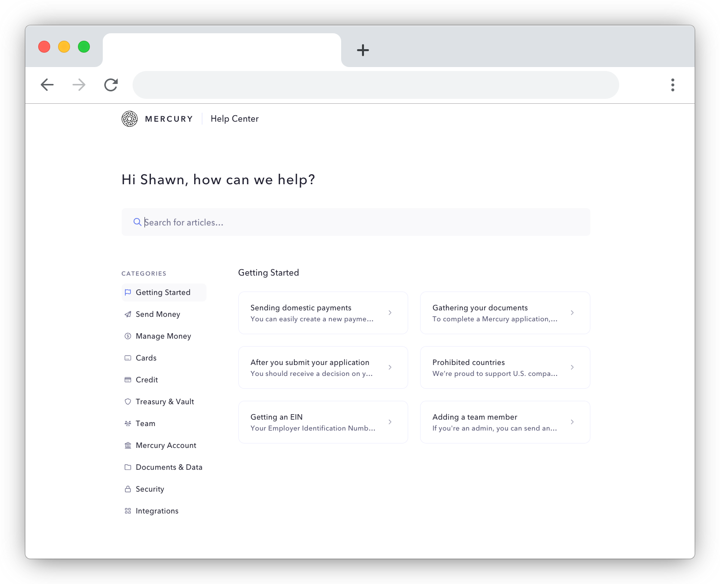 Mercury Help Center navigation and information architecture